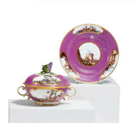 PORCELAIN PURPLE-BACKGROUND TUREEN LID ON DISPLAY STAND WITH SHIPPING SCENES