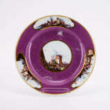 PORCELAIN PURPLE-BACKGROUND TUREEN LID ON DISPLAY STAND WITH SHIPPING SCENES - photo 5