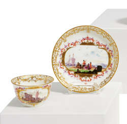 PORCELAIN TEA BOWL AND SAUCER WITH MERCHANT SHIPPING SCENES