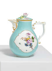 PORCELAIN COFFEE POT WITH TURQUOISE GROUND AND GERMAN FLOWERS