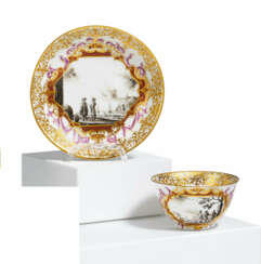 PORCELAIN TEA BOWL WITH SAUCER WITH CAMAIEU PAINTING AND PURPLE