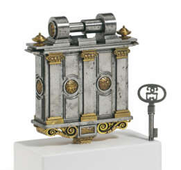 LARGE IRON PADLOCK WITH ARCHITECTURAL ELEMENTS AND KEY