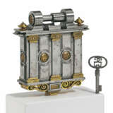 LARGE IRON PADLOCK WITH ARCHITECTURAL ELEMENTS AND KEY - photo 1