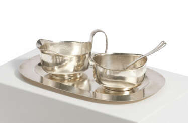 SILVER SUGAR BOWL WITH SPOON AND MILK JUG ON TRAY