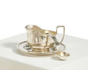 SILVER SAUCE BOAT WITH SPOON AND ROUND STAND