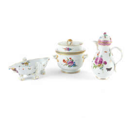 PORCELAIN SAUCE BOAT WITH MASCARONS, PORCELAIN COFFEE POT AND PORCELAIN ICE CONTAINER WITH FLORAL DECORS