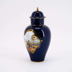 COBALT BLUE LIDDED PORCELAIN VASE WITH LANDSCAPE