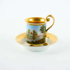 PORCELAIN BIEDERMEIER CUP AND SAUCER DEPICTING A LANDSCAPE