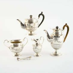 FOUR PIECES SILVER VICTORIA COFFEE AND TEA SERVICE WITH LAUREL GARLANDS AND DECORATIVE BOWS