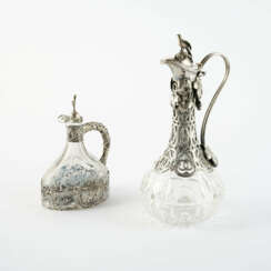 WINE CARAFE WITH VINE LEAVES AND BIRD KNOB AND SMALL LIQUEUR CARAFE WITH AMORETTI IN THE ROCOCO STYLE