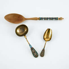 SILVER SPOON WITH PIERCED BOWL AND LARGE SILVER SUGAR SPOON WITH COLOURFUL ENAMEL DECOR