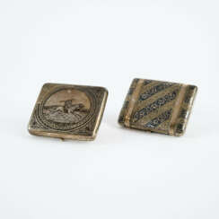 SILVER CIGARETTE ETUI WITH JOKEY AND SILVER CIGARETTE ETUI WITH FLORAL BANDS IN NIELLO DECOR