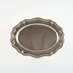 LARGE OVAL SILVER SERVING PLATTER WITH SHELL DECORATIONS