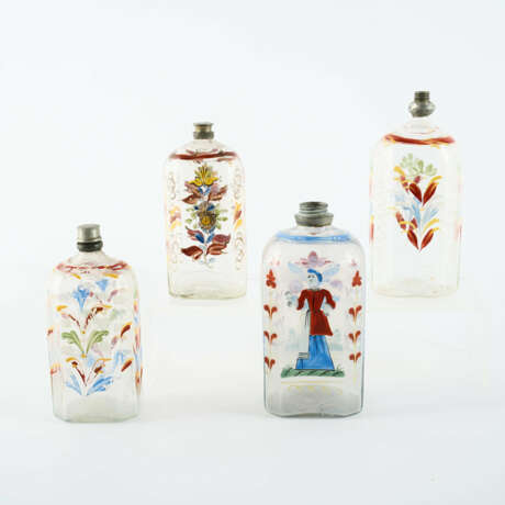 SET OF FOUR GLASS BOTTLES WITH COLOURED ENAMEL DECOR - photo 1