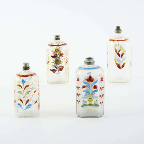 SET OF FOUR GLASS BOTTLES WITH COLOURED ENAMEL DECOR - photo 2