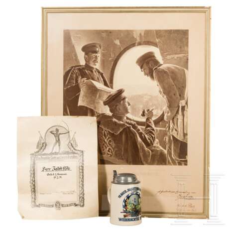 Alter Fotodruck mit Moltke Autograph, Weihnachtskrug und Urkunde - photo 1