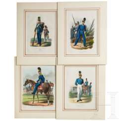 Zwölf kolorierte Lithographien von Dietrich Monten aus "Die bayerische Armee nach der Ordonanz im Jahre 1825"