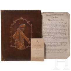 Friedrich der Große - "Morgenstunden des Königs in Preußen", Abschrift des 19. Jhdts. in lederner Schreibmappe mit geschnittener Darstellung des Königs