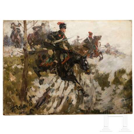 Theodor Rocholl (1854 - 1933), Preußische Husaren greifen an, datiert 1910 - photo 1 Theodor Rocholl (1854 - 1933), Preußische Husaren greifen an, datiert 1910 - photo 1