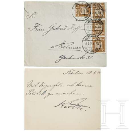 Reichskanzler Joseph Wirth (1879 - 1956) - handgeschriebene und unterzeichnete Karte im an die Sammlerin adressierten Kuvert - photo 1