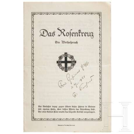 Schriftsteller Friedrich Lienhard (1865 - 1929) - eigenhändige Unterschrift auf einem kleinen Papierbogen mit dem gedrucktem Gedicht "Das Rosenkreuz" - photo 1