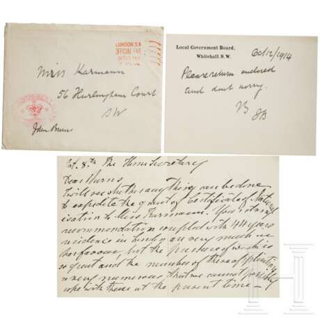 Politiker John Elliot Burns (1858 - 1943) - Weiterleitungsbrief mit eigenhändiger Unterschrift, Karte und einem an die Sammlerin adressierten Kuvert 1914 - Foto 1