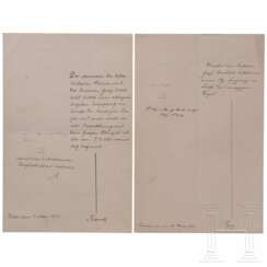 Kaiser Franz Joseph I. von Österreich - zwei eigenhändige Antworten mit Paraphen, datiert "Wien, am 4. Mai 1913" bzw. "Schönbrunn, am 20. März 1914"