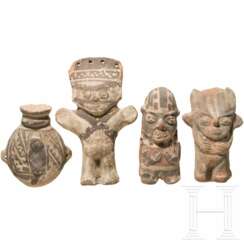 Drei bemalte Tonidole und Tongefäß, wohl Chancay-Kultur, 13. - 15. Jhdt.