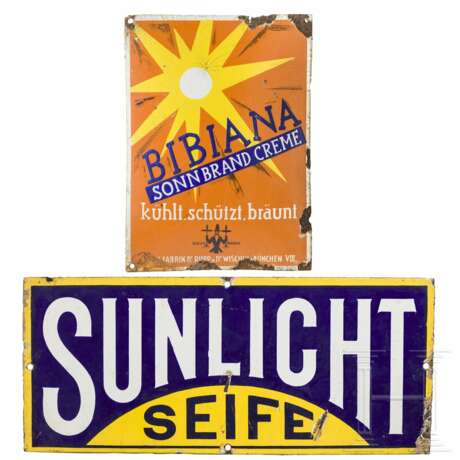 Zwei Reklameschilder (Emailschilder) "Sunlicht Seife" und "Bibiana Sonnenbrand-Creme",1920er Jahre - фото 1 Zwei Reklameschilder (Emailschilder) "Sunlicht Seife" und "Bibiana Sonnenbrand-Creme",1920er Jahre - фото 1