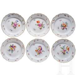 Sechs Dessertteller mit Blumen und Insekten, Meissen, um 1850/60