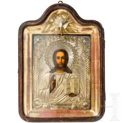 Ikone mit dem Christus Pantokrator mit vergoldetem Silberoklad und Kiot, Russland, Moskau, 2. Hälfte des 19. Jhdts (Ikone), Moskau, Iwan A. Alexejew, 1879 (Oklad)