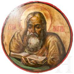 Kleine, runde Ikone mit dem Evangelisten Matthäus, Russland, Ende des 19. Jhdts.