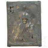 Kleine Ikone mit dem Heiligen Mitrofan von Woronesch mit Silberoklad, Mitte 19. Jhdt. (Ikone), Tula, 1844 (Oklad) - photo 1