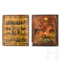 Zwei Ikonen: Erzengel Michael als apokalyptischer Reiter und Festtagsikone, Russland, um 1900