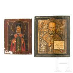 Zwei Ikonen: Heiliger Nikolaus von Myra und Mitrofan von Woronesch, Russland, Ende des 19. Jhdts.