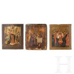 Drei Ikonen: Synaxis der Erzengel, Gottesmutter „Freude aller Leidenden" und Heiliger Nikolaus von Myra, Russland, 19. Jhdt.