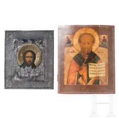 Zwei Ikonen: Heiliger Nikolaus von Myra und Mandylion mit Oklad, Russland, 19. Jhdt. / 20. Jhdt.