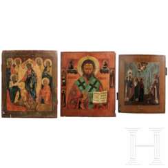 Drei Ikonen - Höllenfahrt Christi, Heiliger Charalampos und die Gottesmutter erscheint dem Heiligen Sergej von Radonesch, Russland, 19. Jhdt.