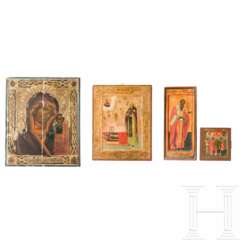 Vier Ikonen, Russland, spätes 19. Jhdt. (eine), um 1900 (zwei), 20. Jhdt. (eine)