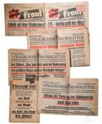 Books about history. Leaflet on the annexation of Austria, newspapers "Völkischer Beobachter" and "Die schwarze Front"