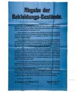 Humanitarian sciences. A poster "Abgabe der Bekleidungs-Bestände" from March 1919