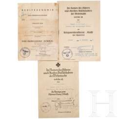 Oberstleutnant Eduard Hiller - three award documents, one signed by GFM Erwin Rommel