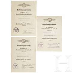 Feldwebel Heinrich Kamps - three award certificates to the Front Flying Clasp for Reconaissance Personal in bronze, silver and gold in Nahaufklärungsgruppe 14