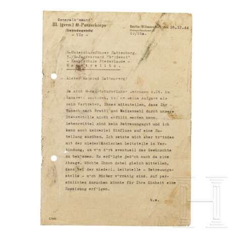 A letter of the Generalkommando III. (germ.) SS-Panzerkorps to Untersturmführer Hattenberg, dated December 28, 1944 - фото 1
