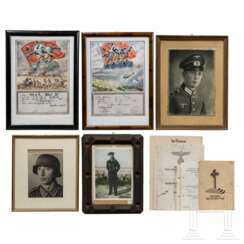 A collection of portrait photos, postcards and documents