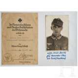 Erich Barth - certificate to 1939 Iron Cross 2nd Class of a member of the Lehr-Regiment "Brandenburg" z.b.V. 800, with portrait photo - photo 1