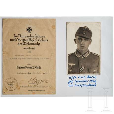 Erich Barth - certificate to 1939 Iron Cross 2nd Class of a member of the Lehr-Regiment "Brandenburg" z.b.V. 800, with portrait photo - photo 1 Erich Barth - certificate to 1939 Iron Cross 2nd Class of a member of the Lehr-Regiment "Brandenburg" z.b.V. 800, with portrait photo - photo 1