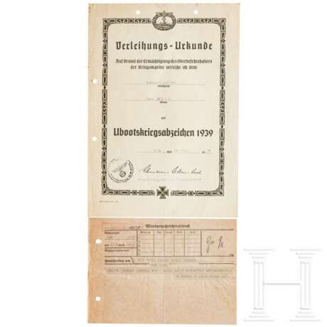 A certificate for the A U-Boot War Badge with signature Lehmann-Willenbrock - фото 1