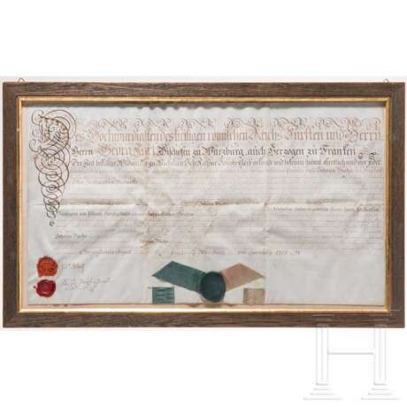 Jagdliche Urkunde auf Pergament, Würzburg, dat. 8. Februar 1797 - photo 1 Jagdliche Urkunde auf Pergament, Würzburg, dat. 8. Februar 1797 - photo 1