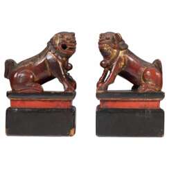 19th Century Pair of Chinese Guardian Lions in Red and Gold Lacquer